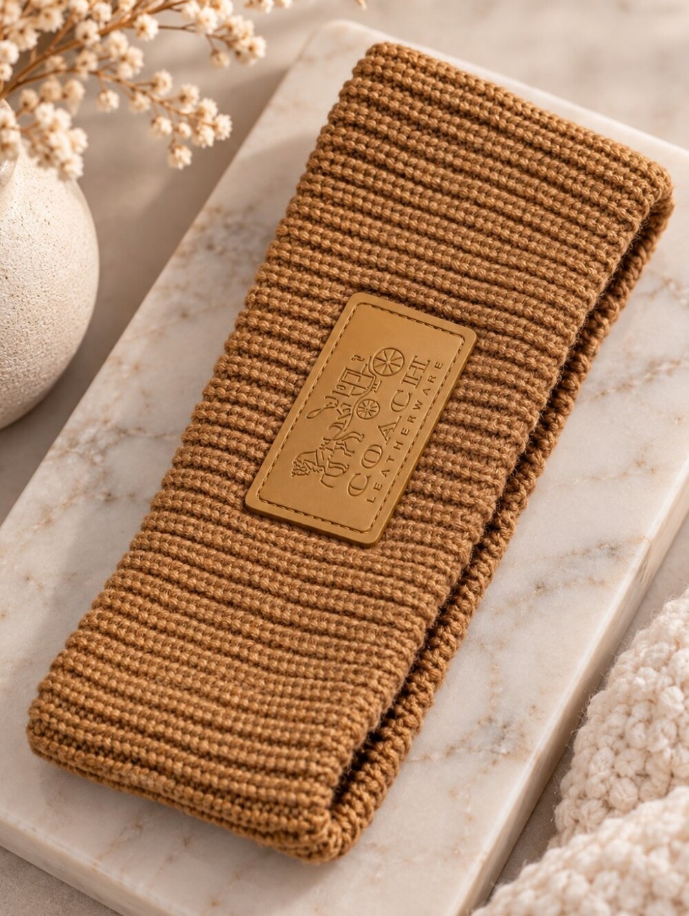 Coach Tan Knit Headband with Leather Logo Patch